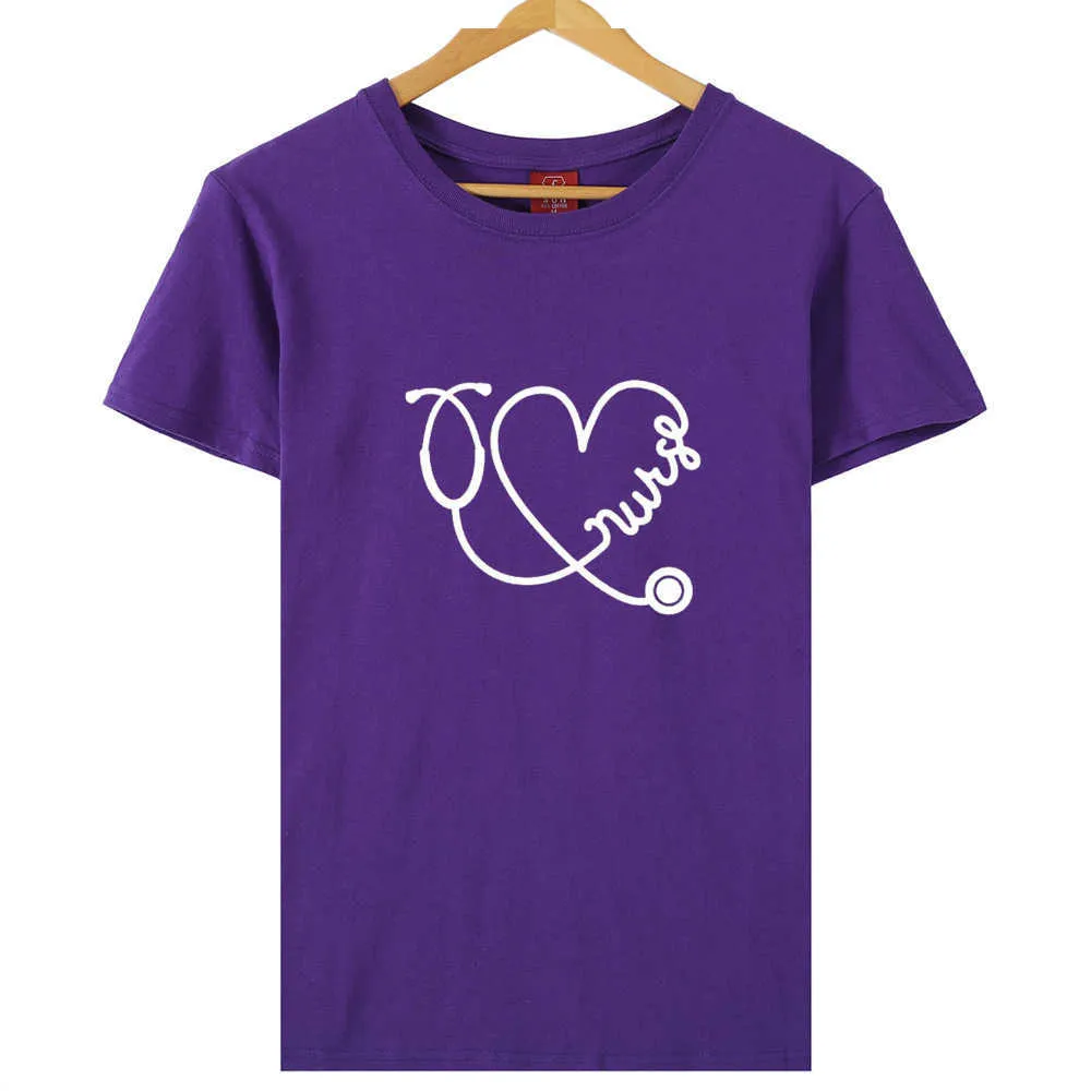 看護師の聴診器の心印刷の女性Tシャツ半袖O首の緩い女性Tシャツレディースティーシャツトップス服Camisetas Mujer x0527