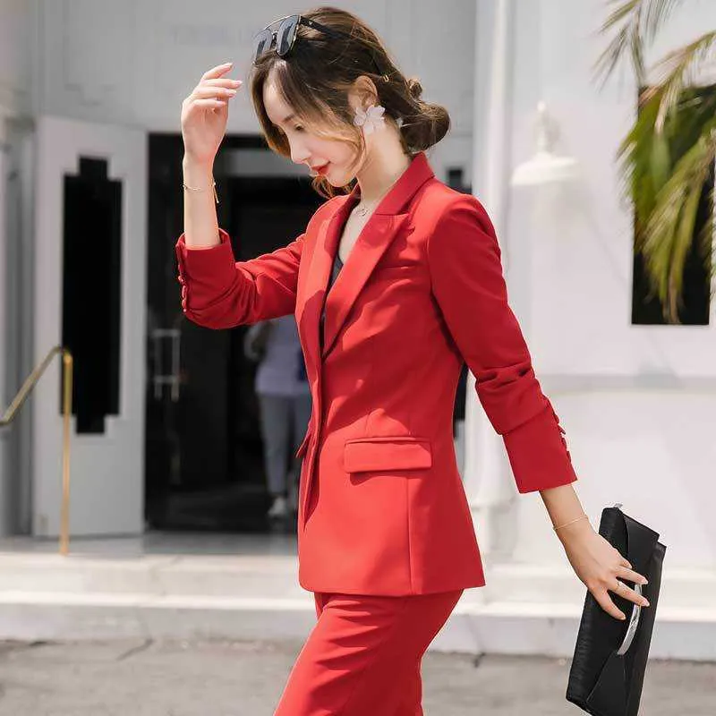 高品質の気質赤の女性のスーツセットエレガントなシングルブレストユニフォーム女性秋と冬のズボン210527