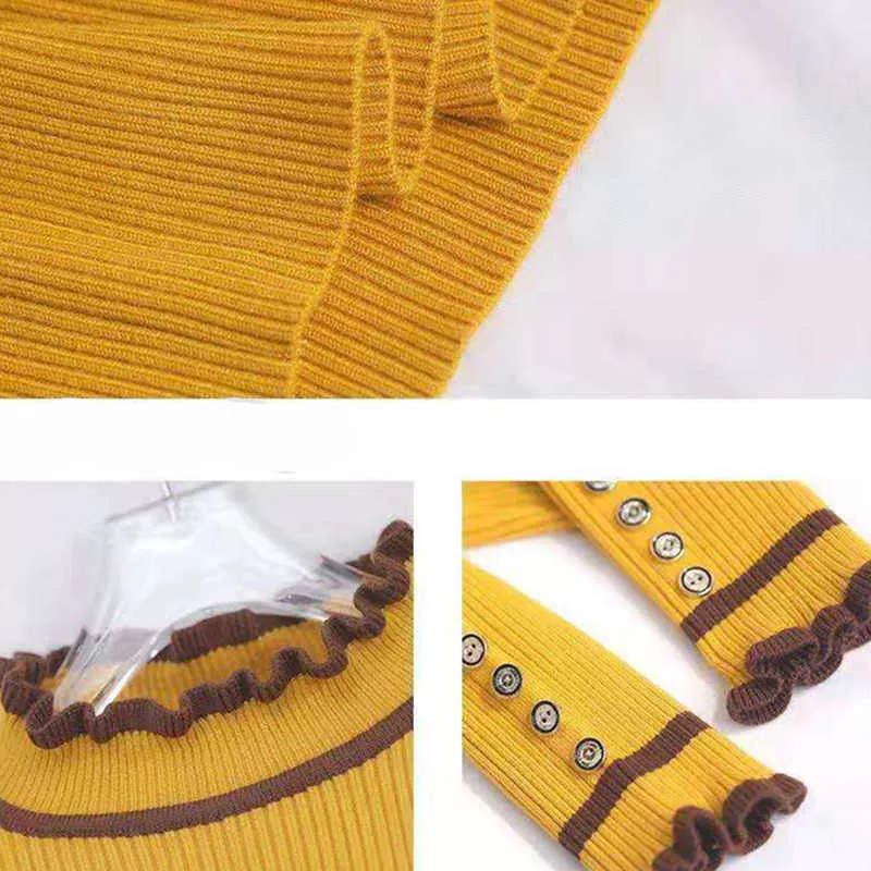 Lucyever outono inverno mulheres suéteres moda botão ruffles altos colarinho senhoras camisola desgaste interno desgaste fino pulôveres 210914