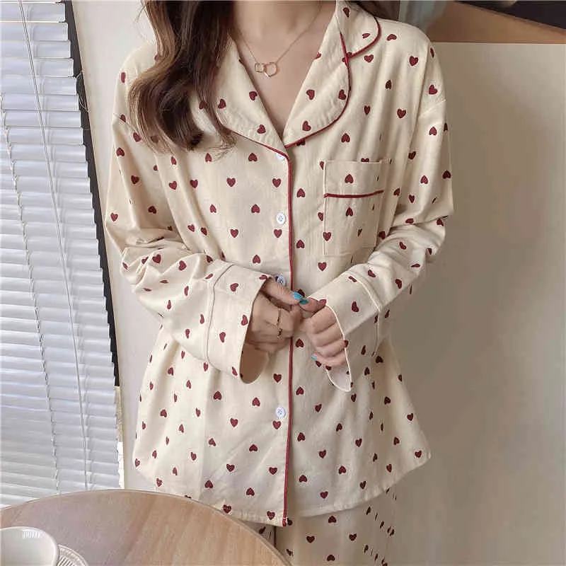 Cuori stampati All Match Donna Sweet Chic Sleepwear Loose Homewear Eleganti ragazze Lady Pigiama Set 210525