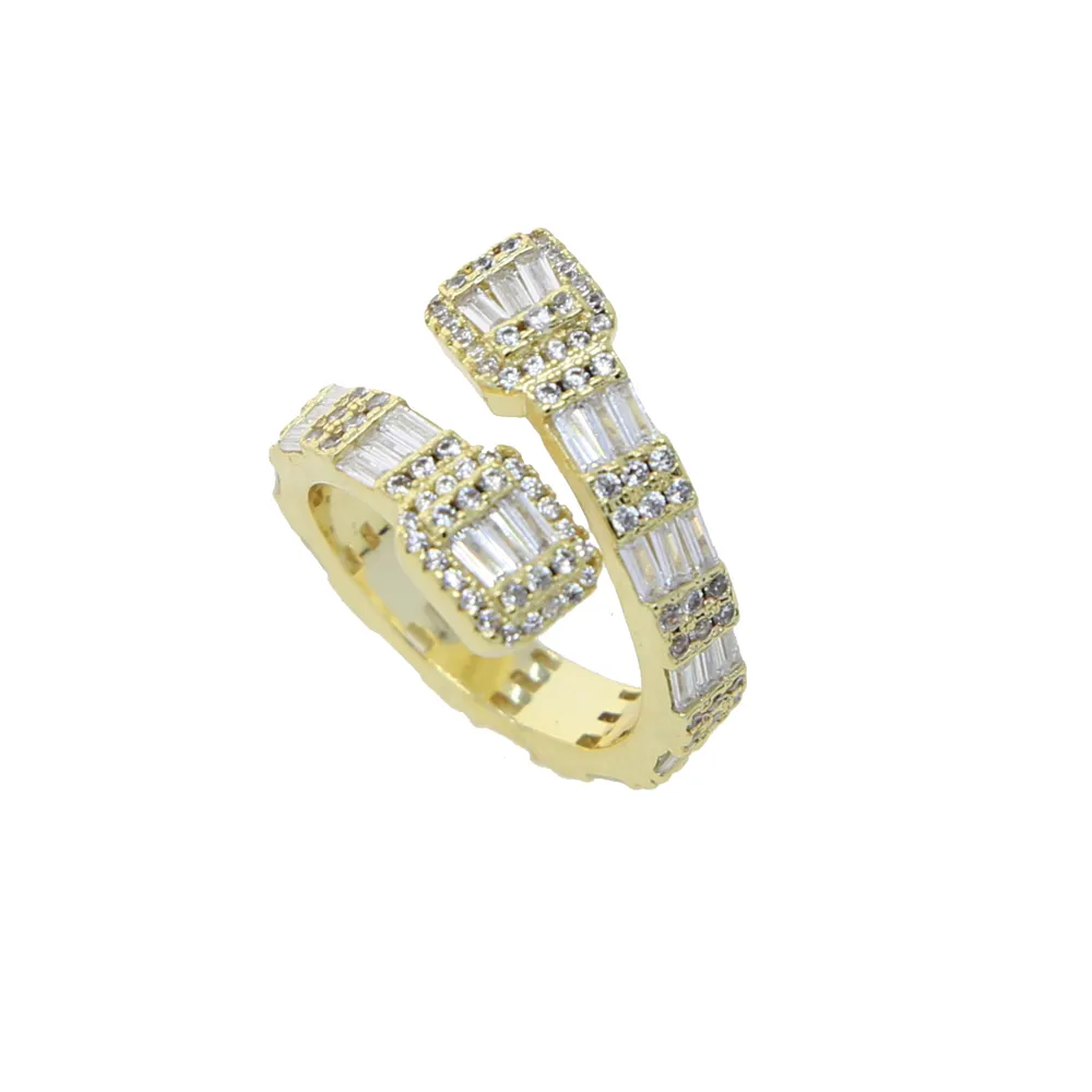 Hip Hop Neue Frauen Herren Baguette Benutzerdefinierte Einstellbare Ring Iced Out Bling Micro Pave Cz Punk Rap Offene Größe Finger schmuck