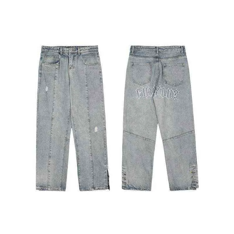 Femmes Vintage Jeans brodé jeans pour femmes baggy pantalons larges petit ami maman Y2K Bouton split denim 211129