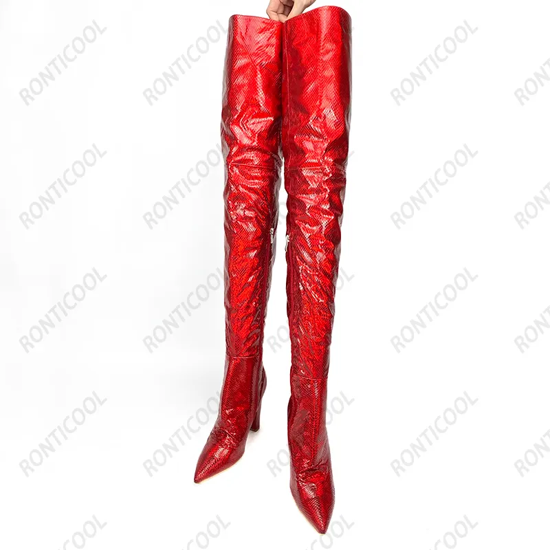 Rontic Women Winter Udo High Botki Block Obcasy Wąż Wzór Wskazany Toe Gorgeous Red Club Wear Buty Kobiety Plus US Rozmiar 5-15