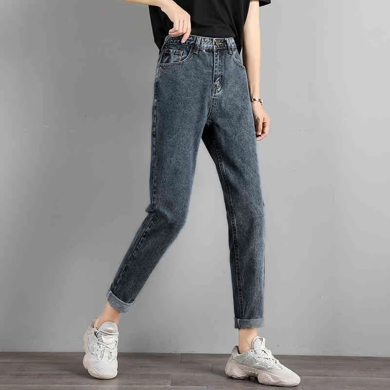 Höst hög midja lösa raka damer jeans denim byxor kvinnor vintage blå pantalon femme 10795 210518