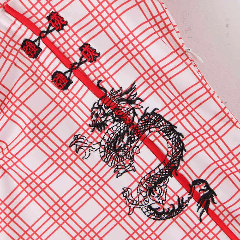シャツの女性のハイウエストピンクブルーミディヴェストドックス半袖Aラインカワイイサマードレスドラゴン刺繍チャイナ島210417