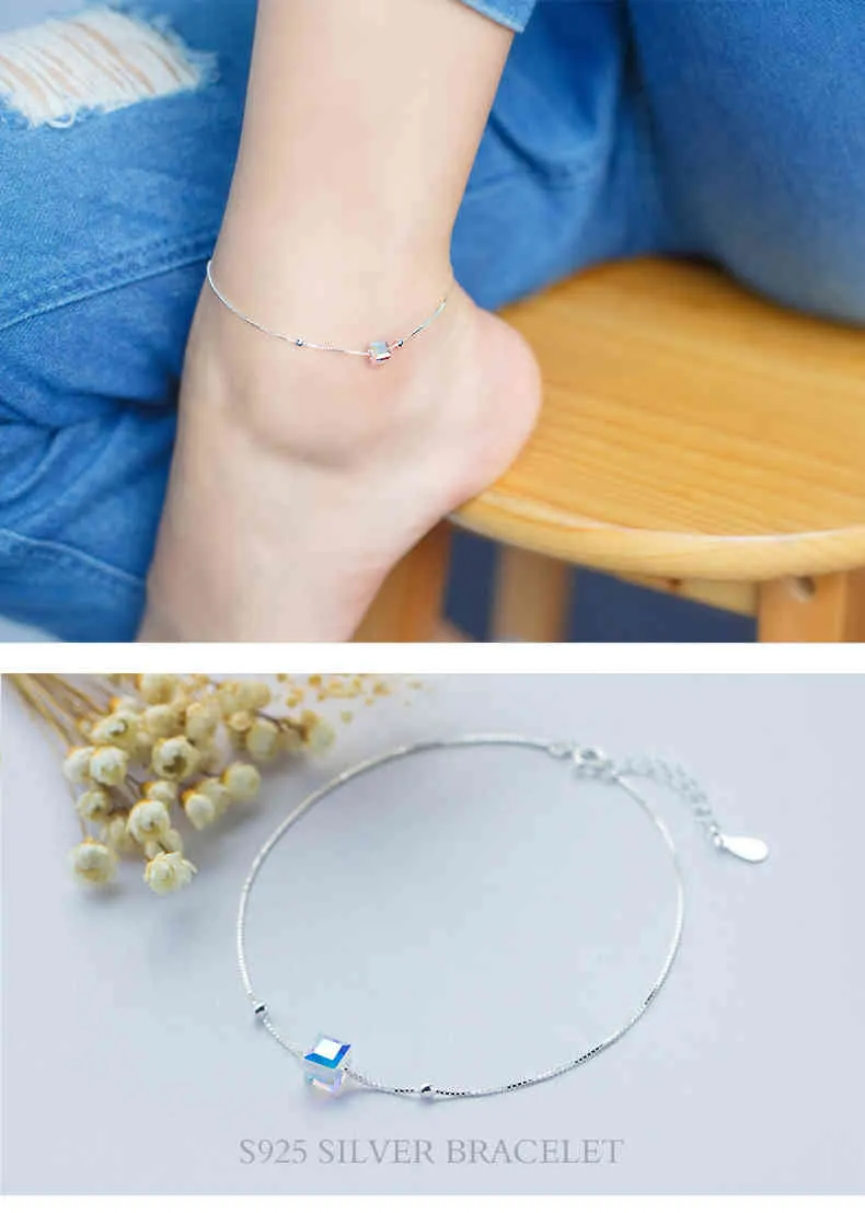 Colusiwei أصلي 925 Sterling Crystal Cube Silver Anklet for Women Charm Bracelet Of Leg Canle Foot Fashion210G