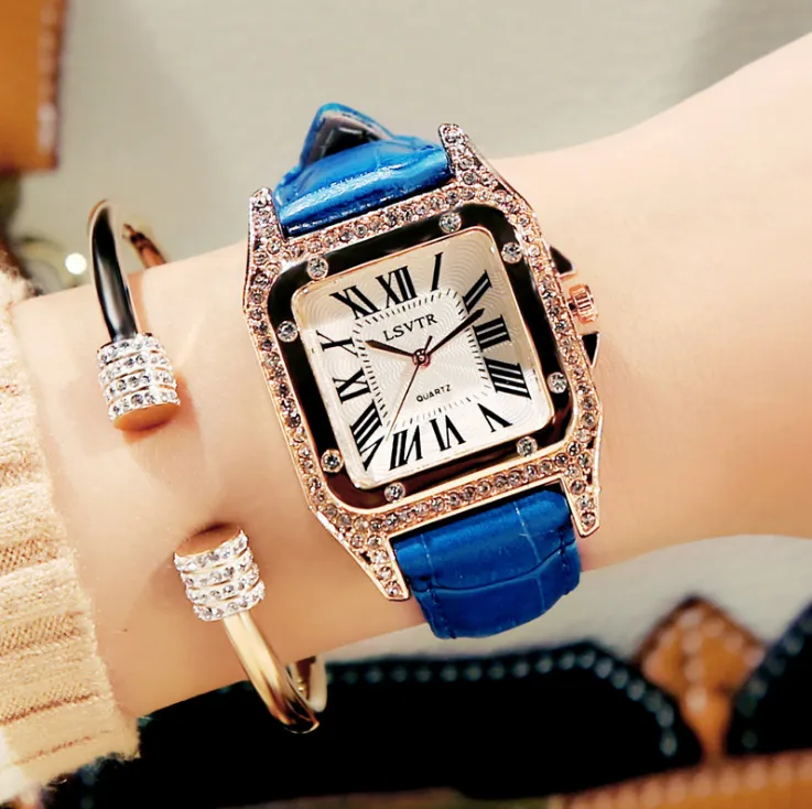 Vintage Female Watch Rhinestone Fashion Student Quartz Watches Real Leather Belt Square Diamond Inset Mineral Glass Womens Wristwa318v