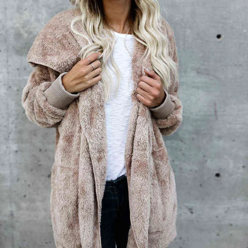 Jaqueta moda outono inverno feminino simulação casaco de pele casual comprimento médio duplo lados inverno casaco com capuz 211109
