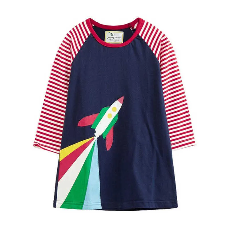 Jumping Meters Arrival Children's Cotton Dresses With Space Print Cute Pockets Princess Long Sleeve Baby Frock Fashion Dress 210529