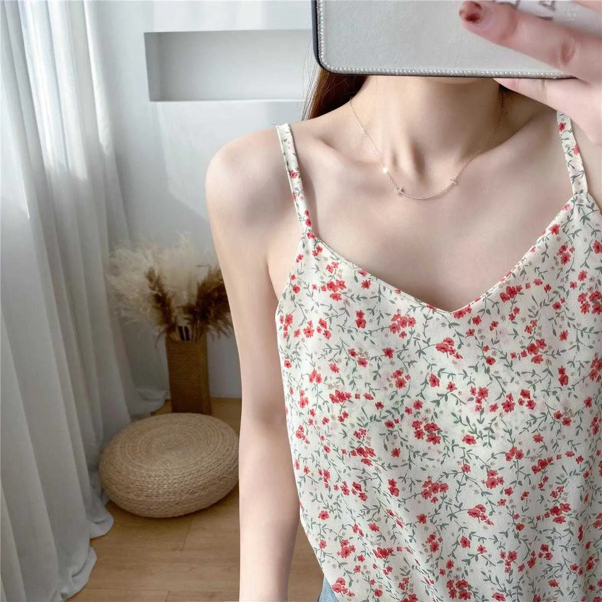 Zomer Strand Stijl Bloemen Print Witte Vrouwen Camis Slanke Spaghetti Strap Blouse Top Fashion Center Dames Tank Top Groothandel 210604