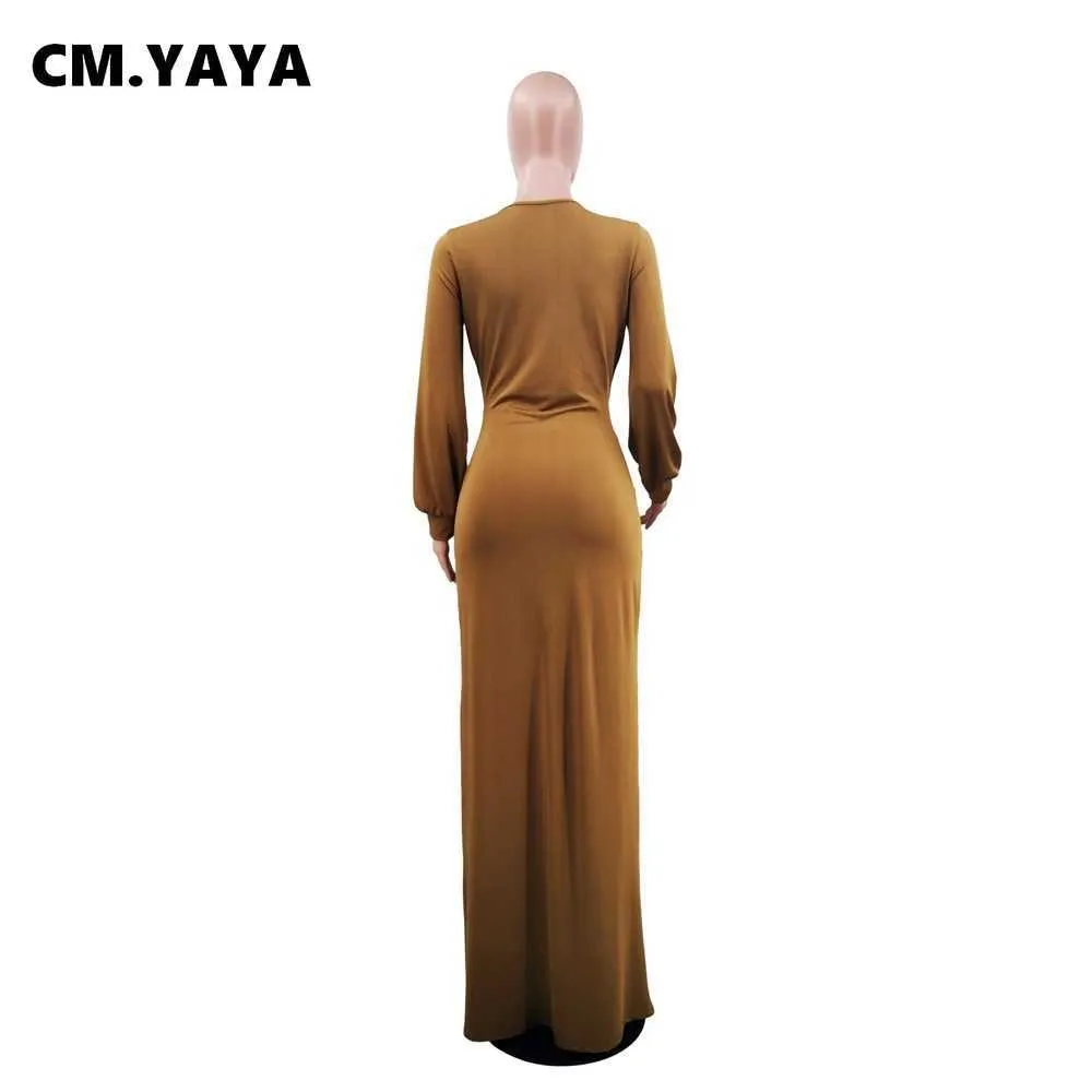 Cm.yaya kvinnor lång klänning solid full ärm v-nacke strechy maxi golv längd klänningar mode vintage party vestidos sommar outfit 210915