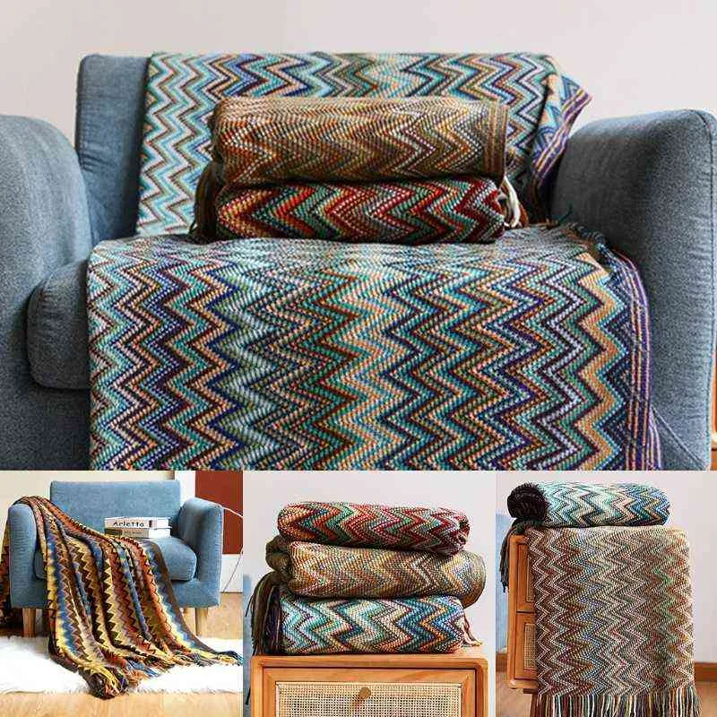 Böhmische Überwurfdecke mit Fransenquaste, bunt, gewellt, gestreift, Reise-Strickschal, Sofa, Couch, Stuhl, Bettdecke 2111227484849