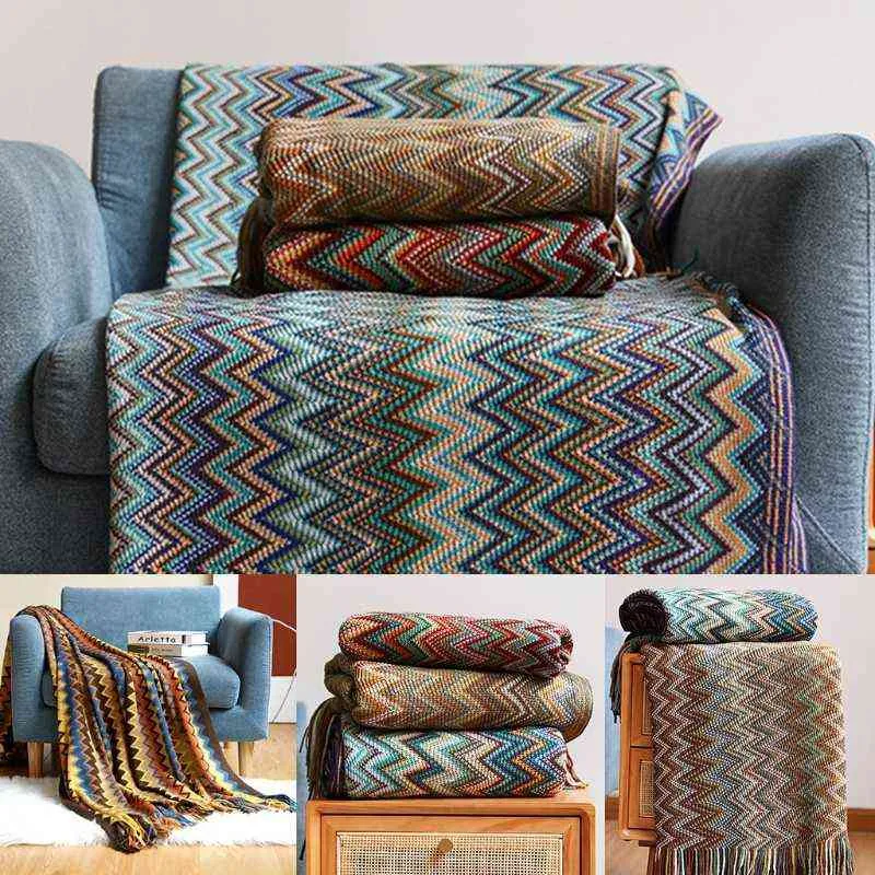 Bohemiskt kast filt med fransar färgglada vågiga randiga mönster resor stickat sjal soffa soffa stol säng täckning 2111227484849