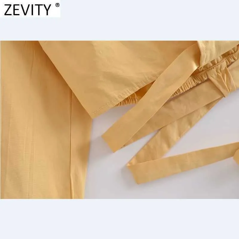 Zevity Women Cross Vネックソリッドヘム縛られたデザインショートスモックブラウス女性長袖キモノシャツシッククロップブルスストップスLS9252 210603