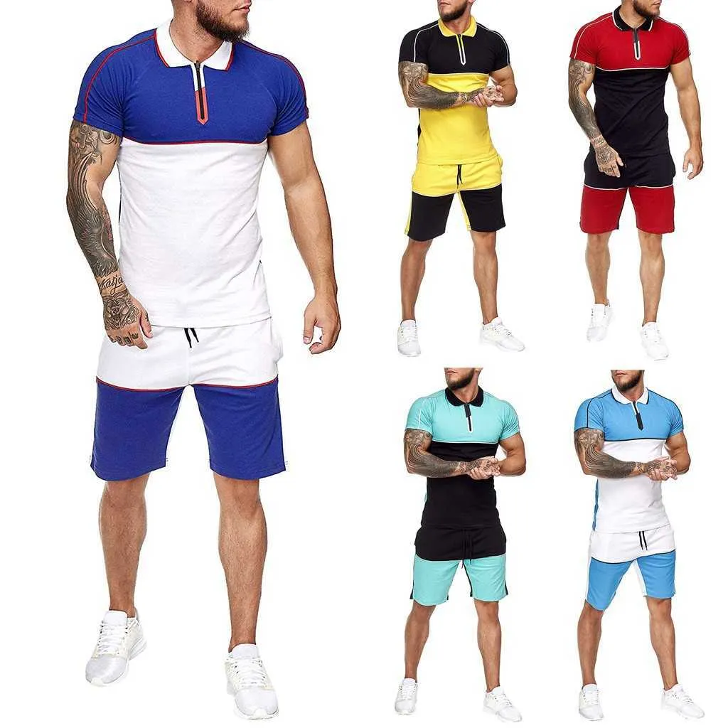 Мужские наборы в полоску цветные столкновения с коротким рукавом шорты спортивные тонкие наборы летние домашние трексуиты мужчины футболка спортивный набор спортивные 2021 x0610