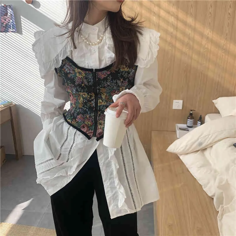 Loose Fungus Puff Long Sleeve White Big Lapel Shirts Dress Women Mini Ruffles Sexy Floral Embroidery Camisole Jacquard Tops Sets 210429