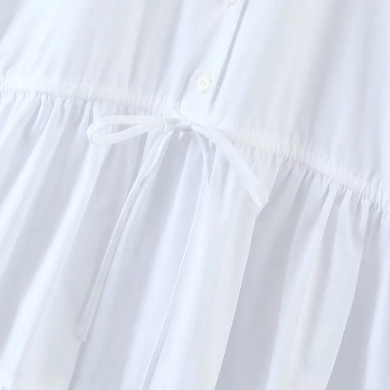Mulheres Verão Branco Mini Camisas Vestido De Manga Curta Drawstring Laço Laço Feminino Moda Doce Vestidos Vestidos 210513