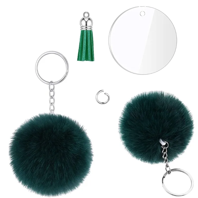 Porte-clés vierge avec clé, disques ronds transparents, cercles colorés, pendentif pompon, anneaux de saut, boules en peluche artificielles pour projet de bricolage