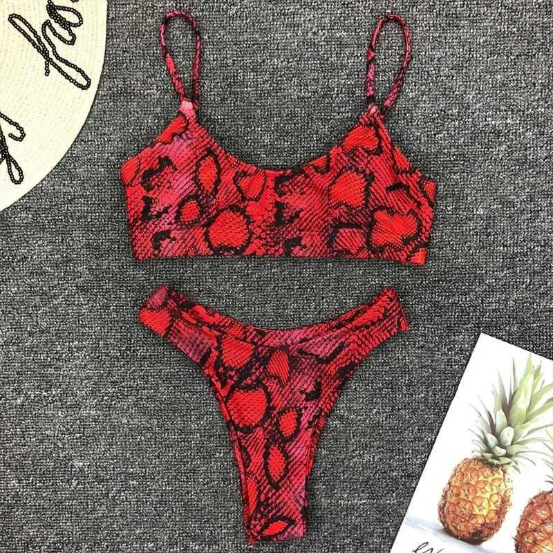 Women Sexy Two Piece Bikini Set Boho Leopard Snakeskin Printing Swimsuit Strappy Push Up Padded High Cut Bathing Suit Be 210621