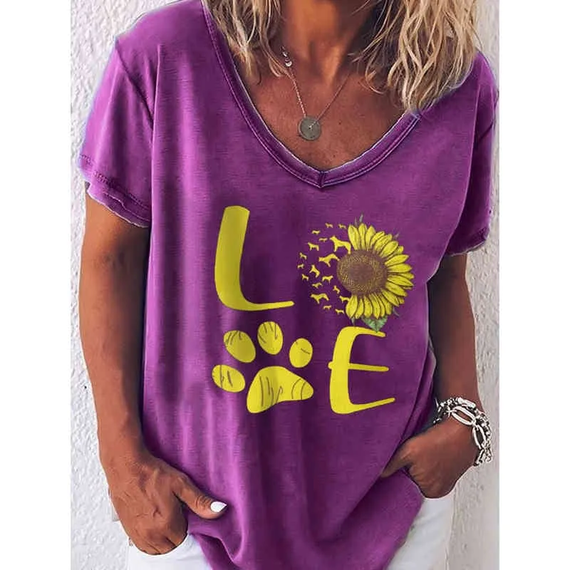 LOVE Süßes Print-T-Shirt für Damen, Sommer-Tops für Damen, grafisches T-Shirt mit V-Ausschnitt, kurzärmeliges T-Shirt für Damen 210515