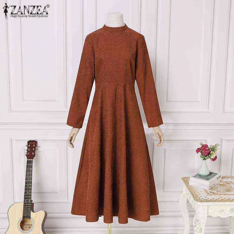 Zanzea Vintage Corduroy Maxi Dress Kvinnors Franska Elegant Lång Vestidos Fashion Party Solid Kaftan Höst Holiday Swing Dresses Y1204