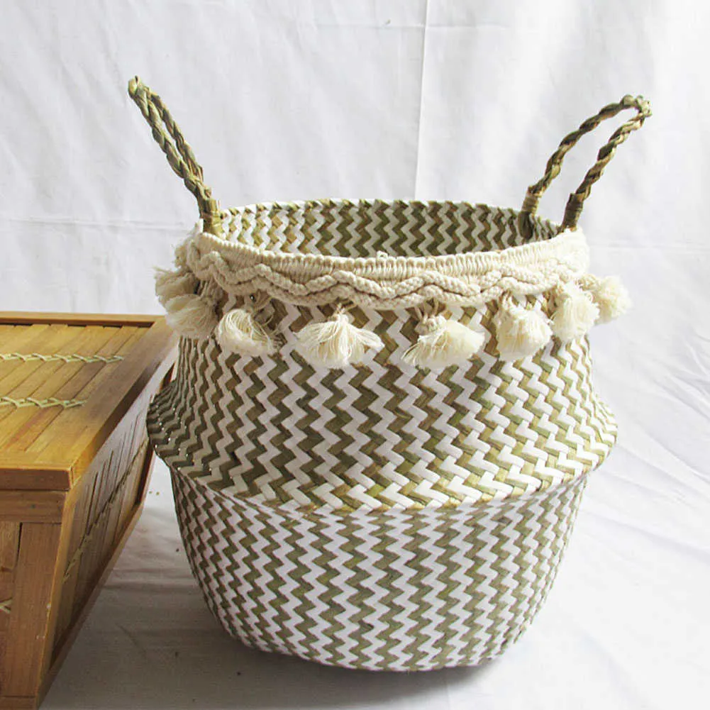 Handmade Dirty Clothes Storage Container Natural Seaweed Folding Wicker Basket Woven Laundry Bag Garden Decor Flower Pot 210609