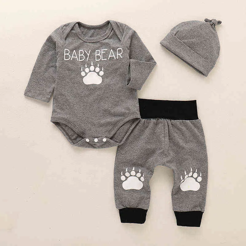 Pagliaccetto neonato Set 3 pezzi Cappello grigio Boy Baby Playsuit Manica lunga Abbigliamento infantile Bebe Body Arrampicata Set Abbigliamento in cotone G107699444