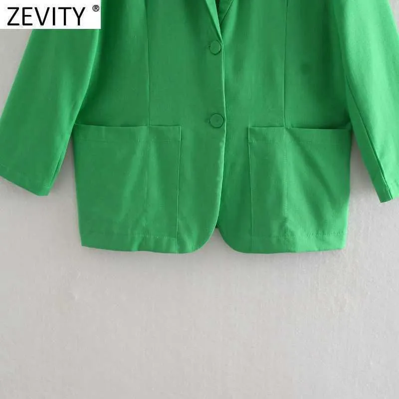 Zevity Donna Moda Colore verde Colletto dentellato Blazer di lino Cappotto Donna Chic Tasche Business Casual Cardigan Abiti Top CT736 210927