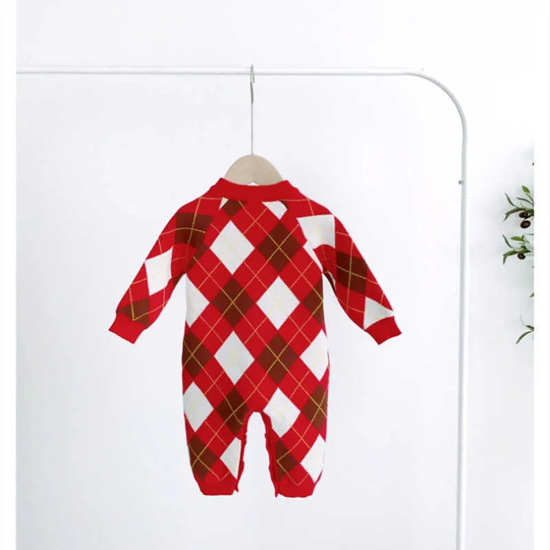 아기 소년 니트 rompers 유아 빨간색 격자 무늬 jumpsuit 유아 태어난 년 romper 크리스마스 어린이 부티크 옷 210615