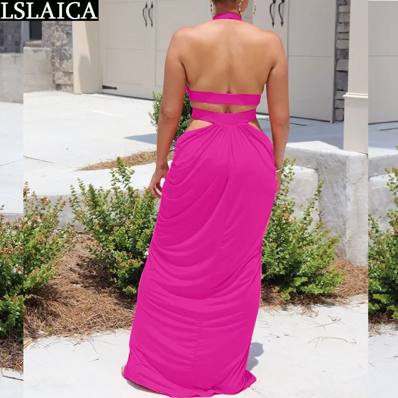 Sexy Dress Women Halter Deep V Neck Sleeveless Hollow Out Split Female Maxi Backless Summer Party Club Seksi Elbise 210520