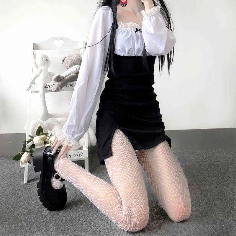 Sexy femmes taille haute résille bas club collants culotte tricot net collants maille lingerie Anime Lolita Cosplay Costumes 2021 Y1119