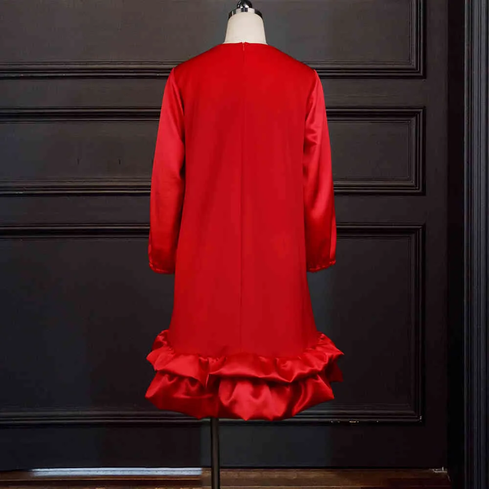 المرأة الأحمر اللباس فضفاض الخامس الرقبة طويلة الأكمام الكشكشة المرقعة المتضخم الأفريقية كبيرة زائد حجم السيدات الإناث vestidos الجلباب 210416