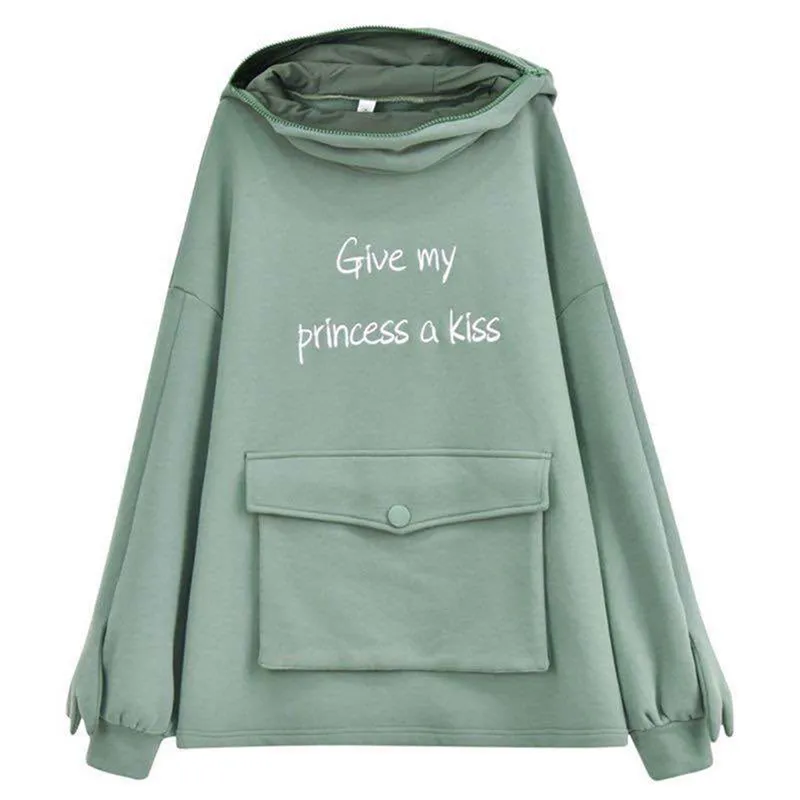 Mulheres Hoodie Feminino Manga Longa Carta Imprimir Sapo Zíper Com Capuz com Pocket Loose Sweatshirt Elegant Senhoras Roupas 210522