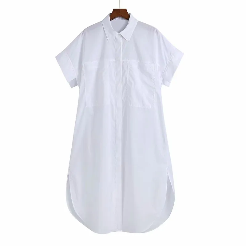 Women Summer Poplin Long Shirts Tops Blouses ZA White Pockets Loose Fashion Female Street Top Smock Clothes Blusas 210513