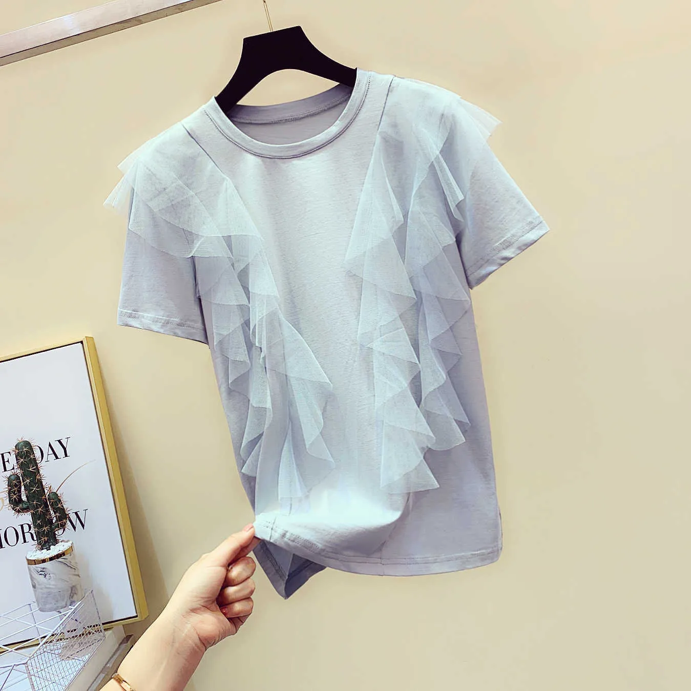 メッシュステッチTシャツの女性半袖コットンラウンドネックレディース夏の韓国風オプス210615