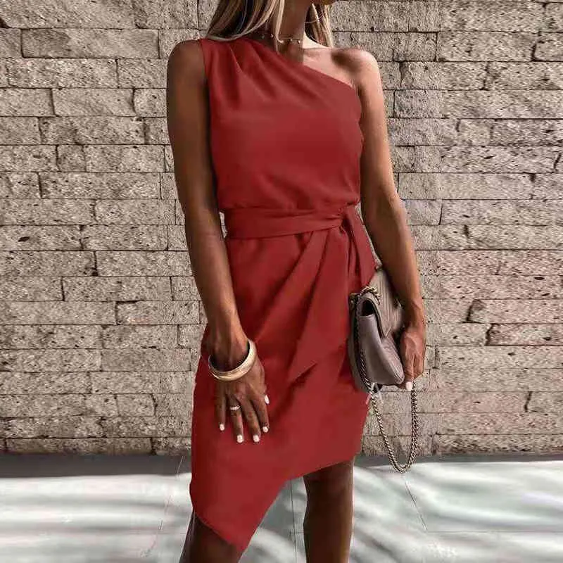 VIEUNSTA New Summer Dress Elegant Women Irregular Off Shoulder Party Dresses 2021 Lady Sleeveless Slanted Shoulder spring Dress X0521