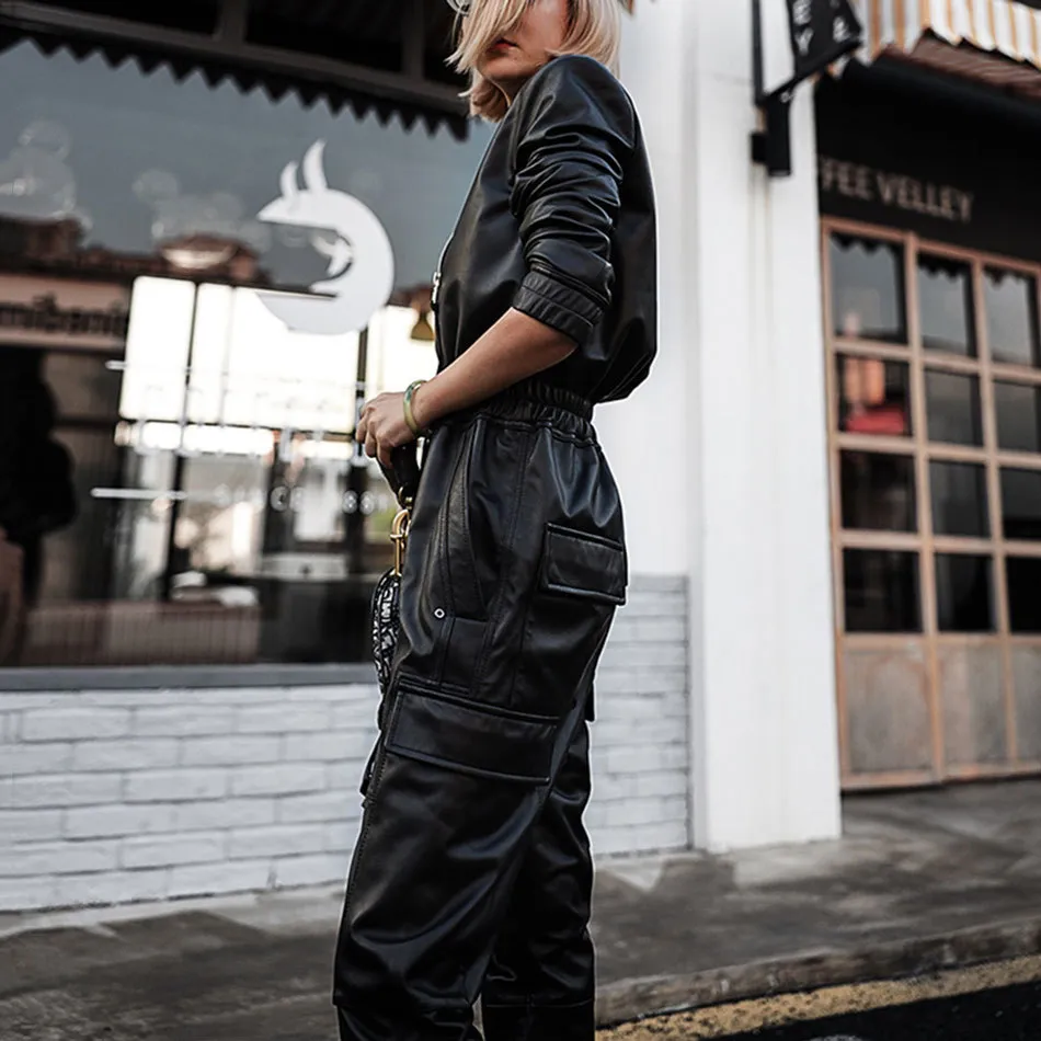 Free Fashion Black PU Faux Leather Jumpsuit Women Streetwear Stand Collar Long Sleeve Zipper 210524