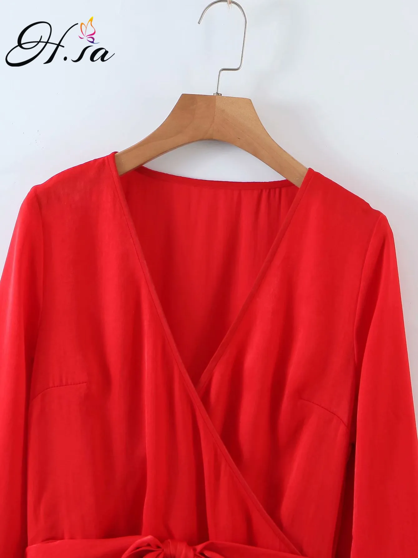H.SA vrouwen lange mouwen jurk sexy lage v-hals rode strik gebonden taille geplooide vestidos vrouwelijke chique elegante jurken 210417