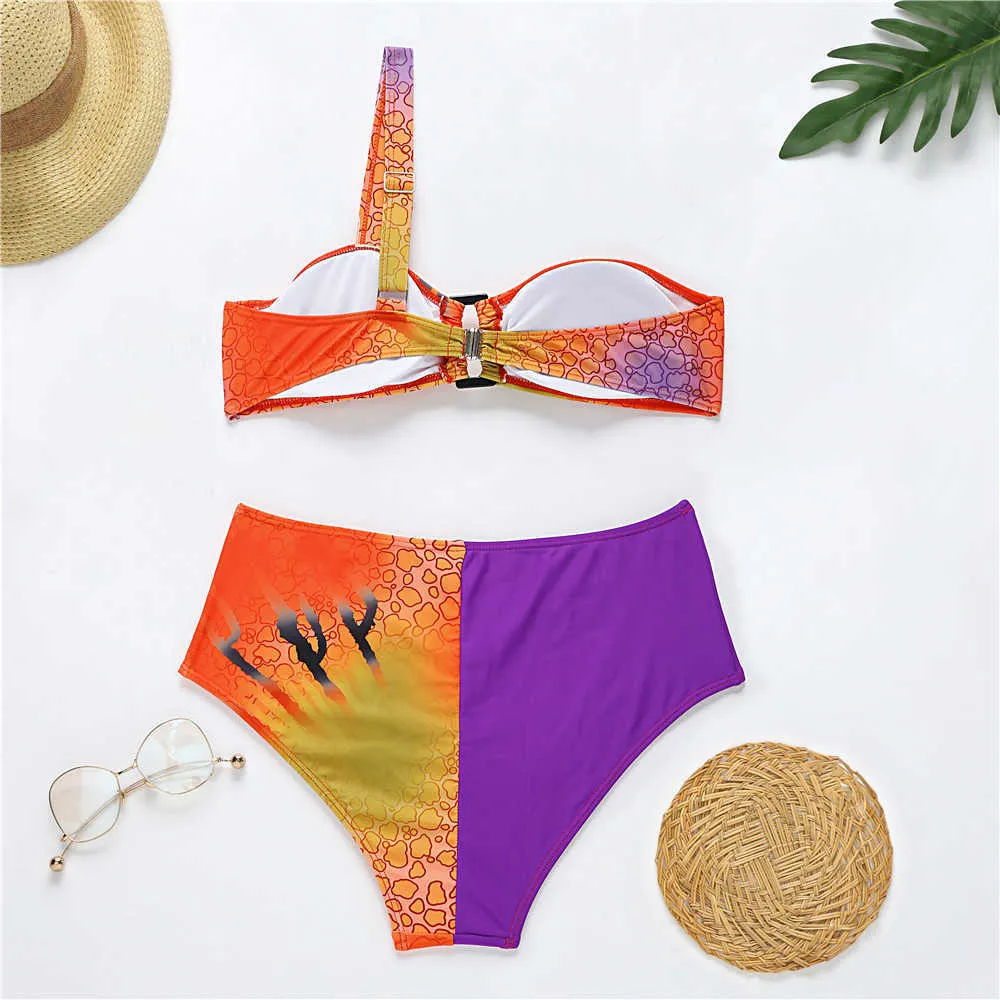 ارتفاع الخصر بيكيني مجموعة واحدة الكتف المايوه رفع ملابس السباحة colorblock swimmsuit للنساء الاستحمام الدعاوى الإناث خمر biquini 210629