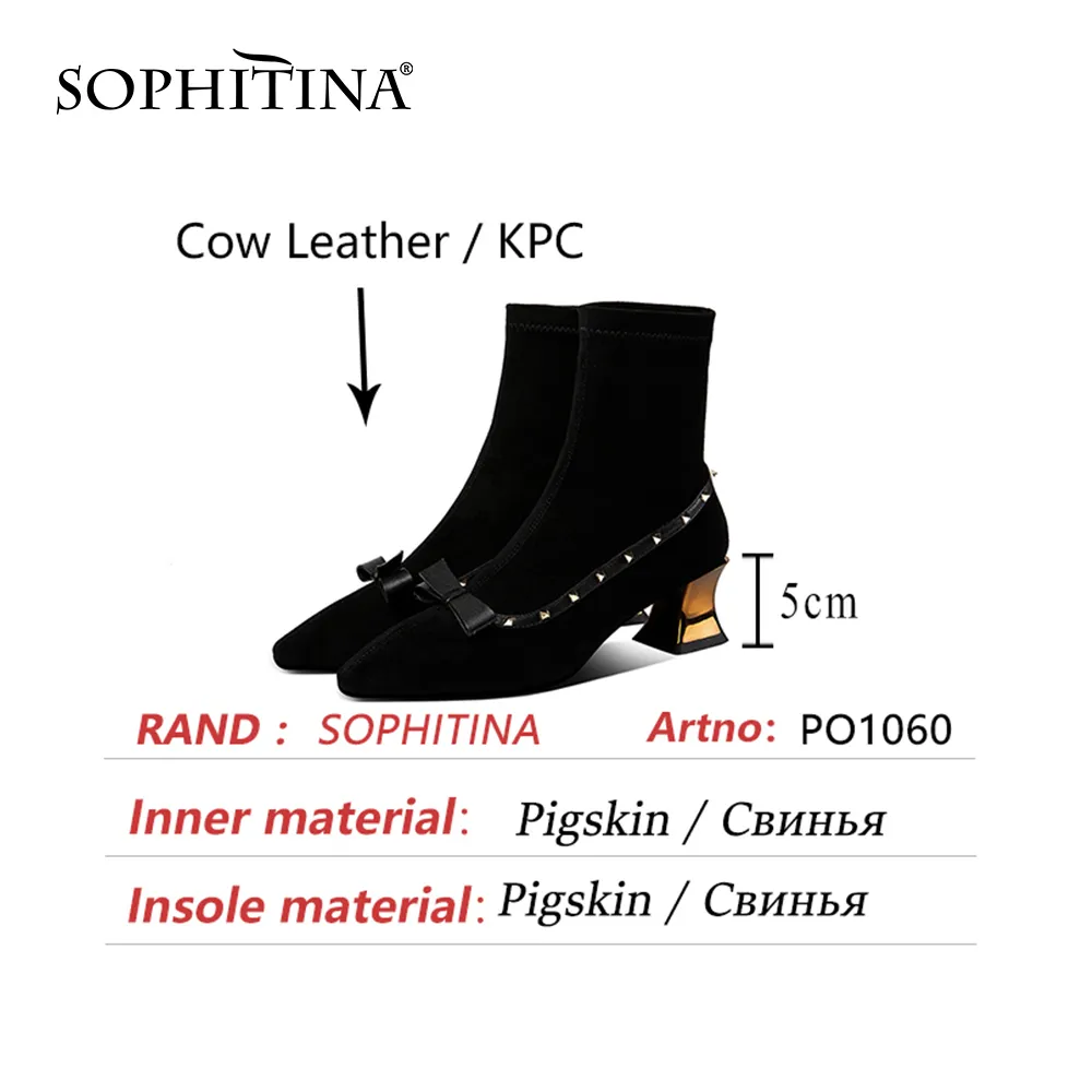 SOPHITINA Bottes mi-mollet Femme Stretch Véritable Leatherpointe Toe Papillon -Noeud Rivet High Metal Étrange Talon Chaussure PO1060 210513
