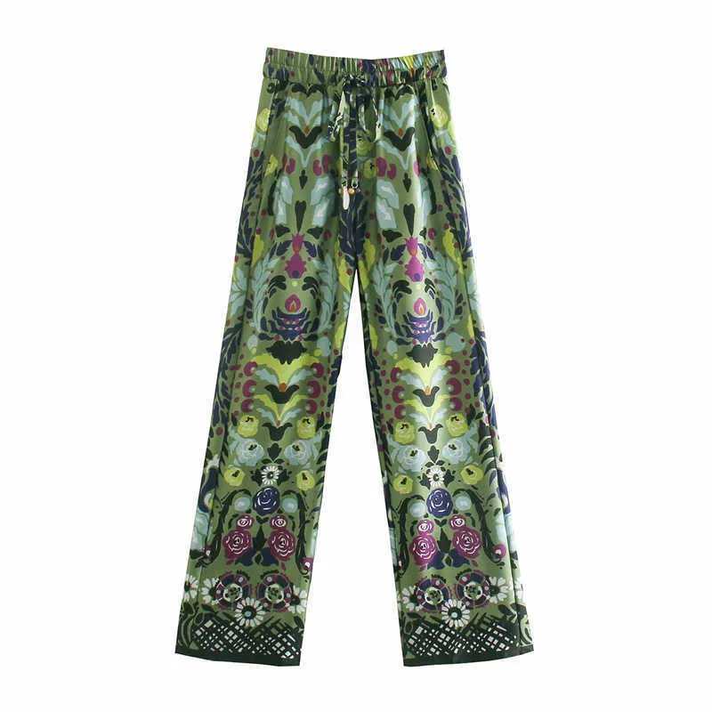 Lato Flowle Drukuj Kobiety Spodnie Za 2021 Zielony Kwiatowy Wysoki Talia Vintage Długie Spodnie Casual Elastyczna Talii Kieszenice Chic Kobiety Spodnie Q0801