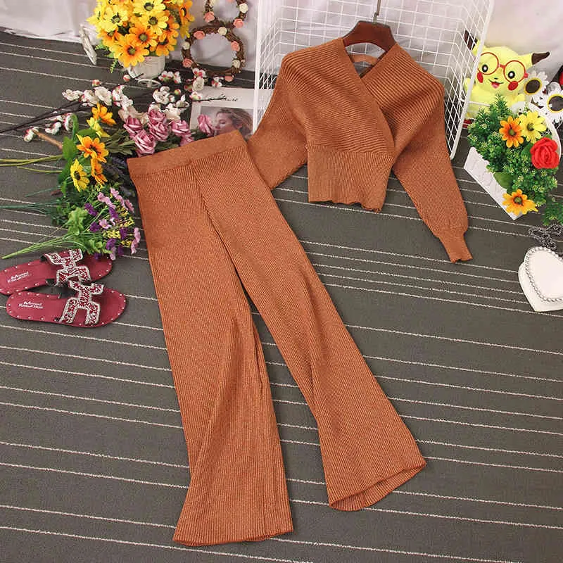 Elgant Mode Femmes Brillant Tricoté Deux Pièces Ensemble Automne Hiver Col V Manches Chauve-Souris Pull Haut Élastique Jambe Large Pantalon Long 210506