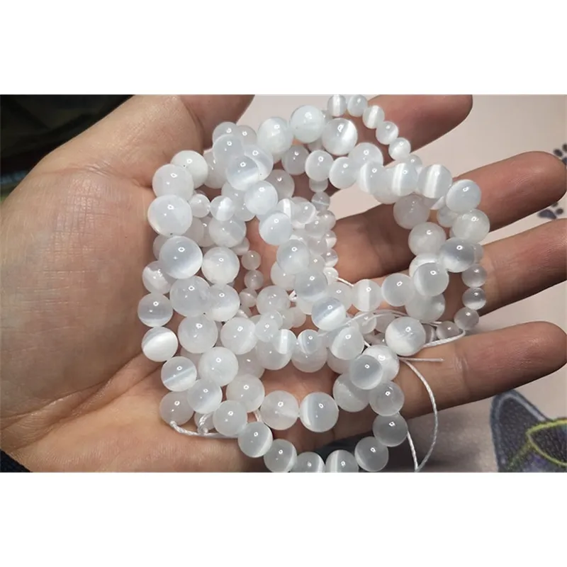 Naturlig kattögon glans vit selenitlös runda sten för smycken gör DIY armband 6 8 10 mm handgjorda spacer pärlor