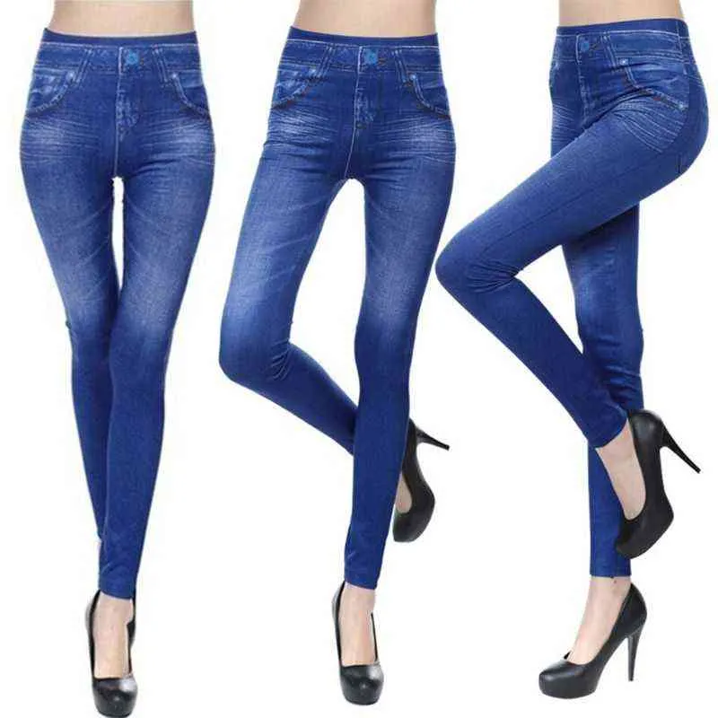 Femmes Polaire Doublé Hiver Jeggings Leggings Sans Couture Lady Casual Taille Haute Faux Jeans Denim Slim Crayon Pantalon 211215