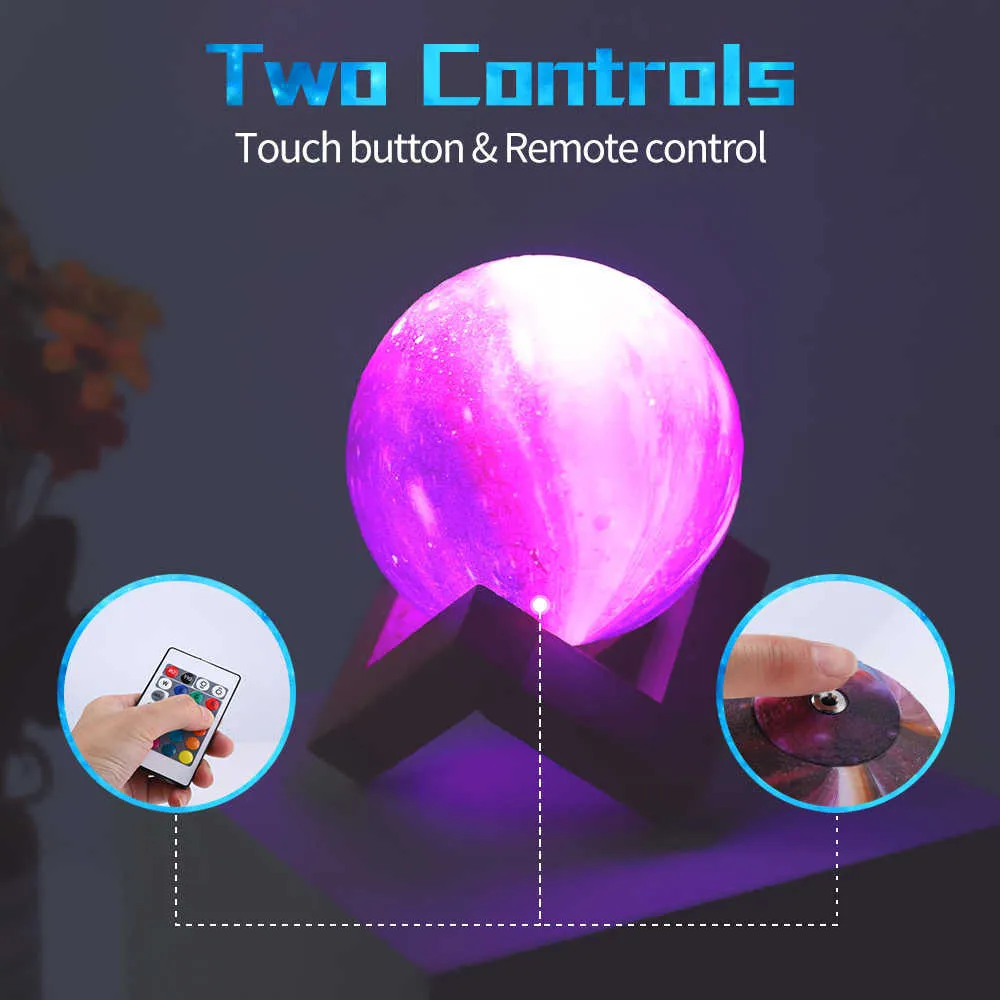 3D Print Galaxy Rechargeable Moon Lamp Change Light Touch Remote Bedroom Bookcase Night Lights Creative Dropshipping Y0910