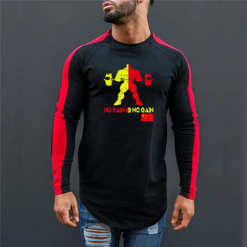 Muscleguys Marchio di Abbigliamento Autunno Manica Lunga T Shirt Uomo Cotone Slim Fit NO PAIN NO GAIN Fitness Moda Top Tees 210421