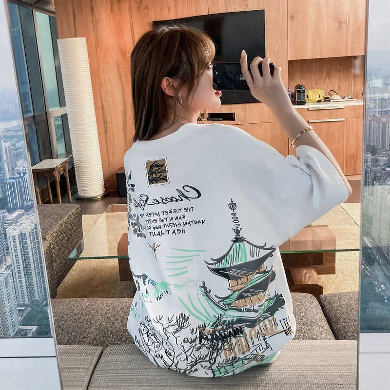 Män t-shirt hip hop streetwear kinesiska landskap målning tryckt t-shirt hajuku bomull kortärmad vit toppar tee 210527