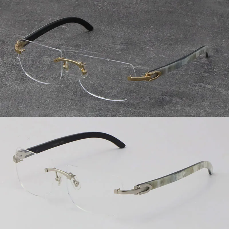 2022 New Black Mix White Buffalo Horn Frames Wood Eyewear Rimless wooden Glasses Men Women with C Decoration Rocks Wire 18K gold f2974