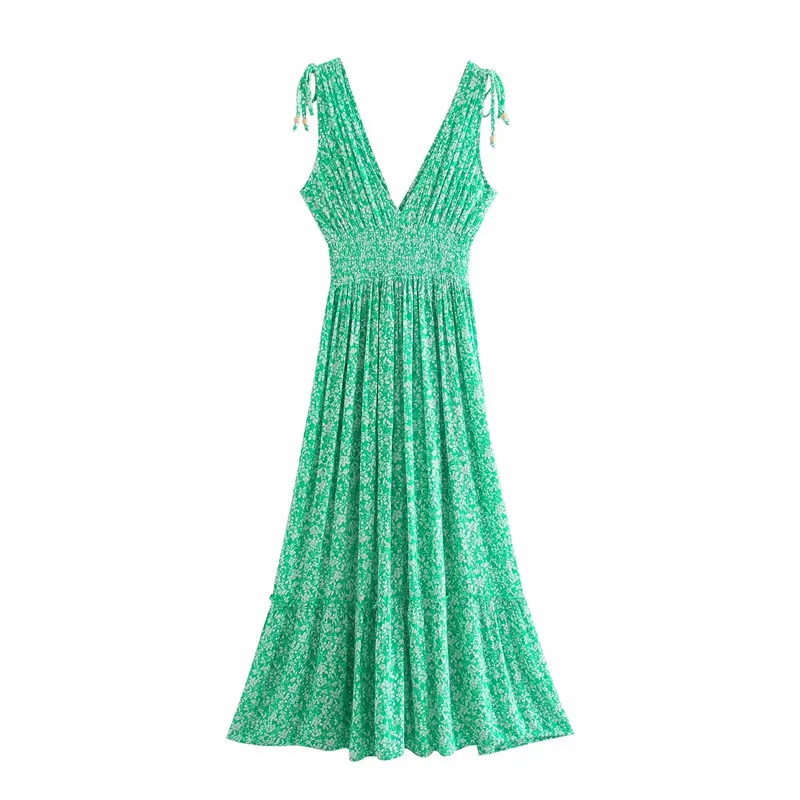 Green Floral Long Dress Women Summer Sleeveless Ruched Tie Ruffle Midi Tank Woman Boho Beach Casual es 210519