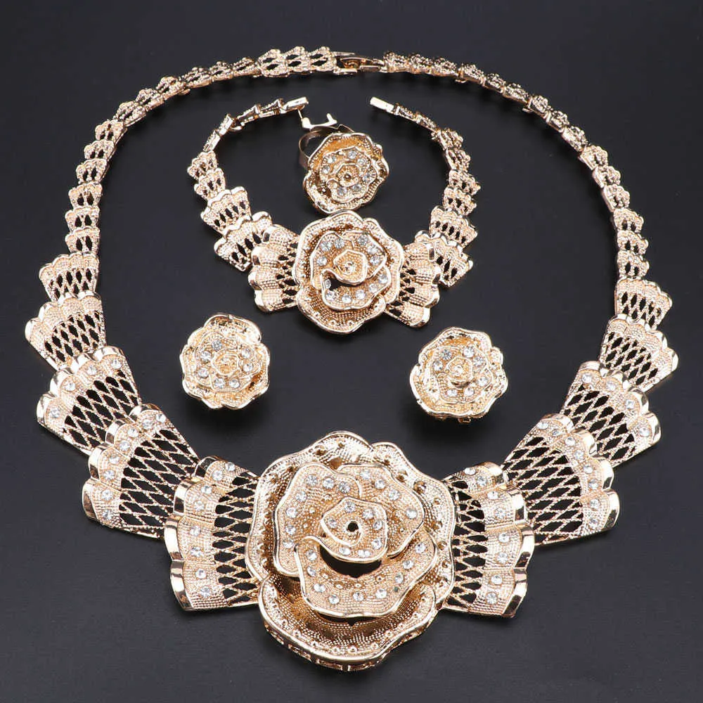 Mode afrikanska pärlor smycken set nigeria kvinnor blomma formade halsband örhängen smycken sätter Dubai guld färg smycken set h1022